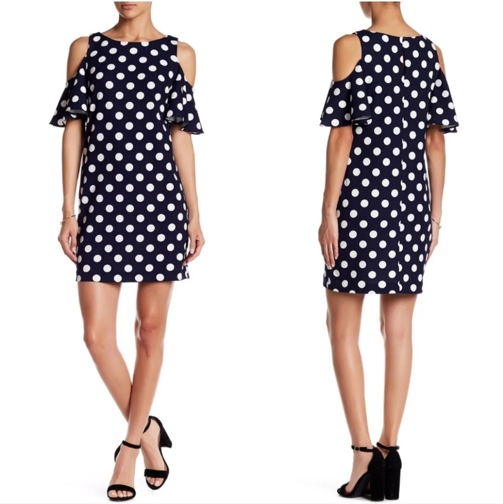 Eliza J Women Size 6 Cold Shoulder Flutter Sleeve Polka Dots Mini Dress